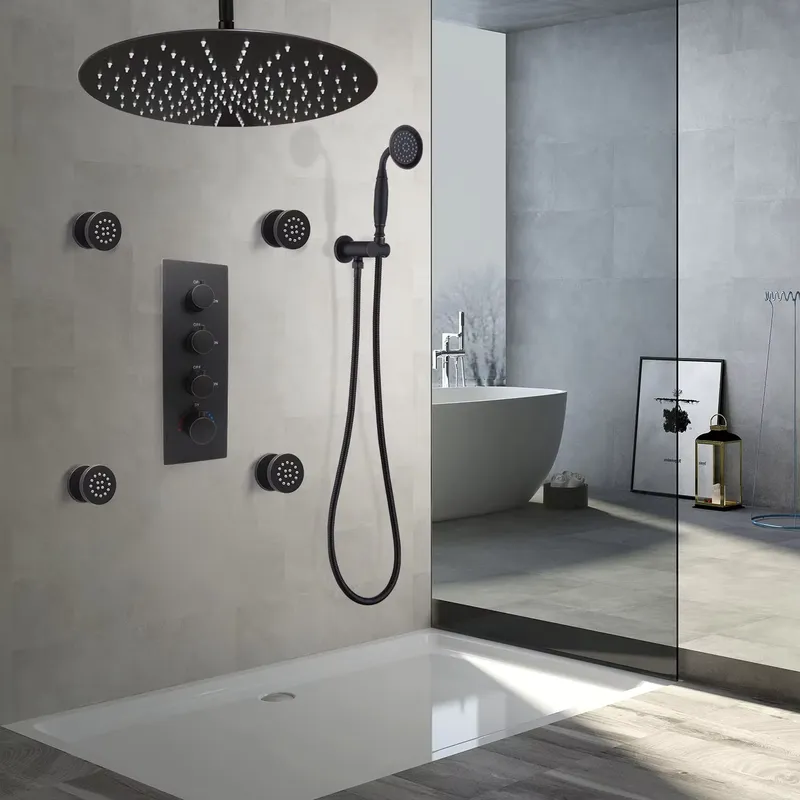 Spa & Wellness Hotel Olympia Mariánské Lázně - 4ピースマットブラックセラミック製流量調整可能真鍮シャワーボディジェットスパソフトコンテンポラリーデザインウォールスプレーヤーセット（ホテル用）
